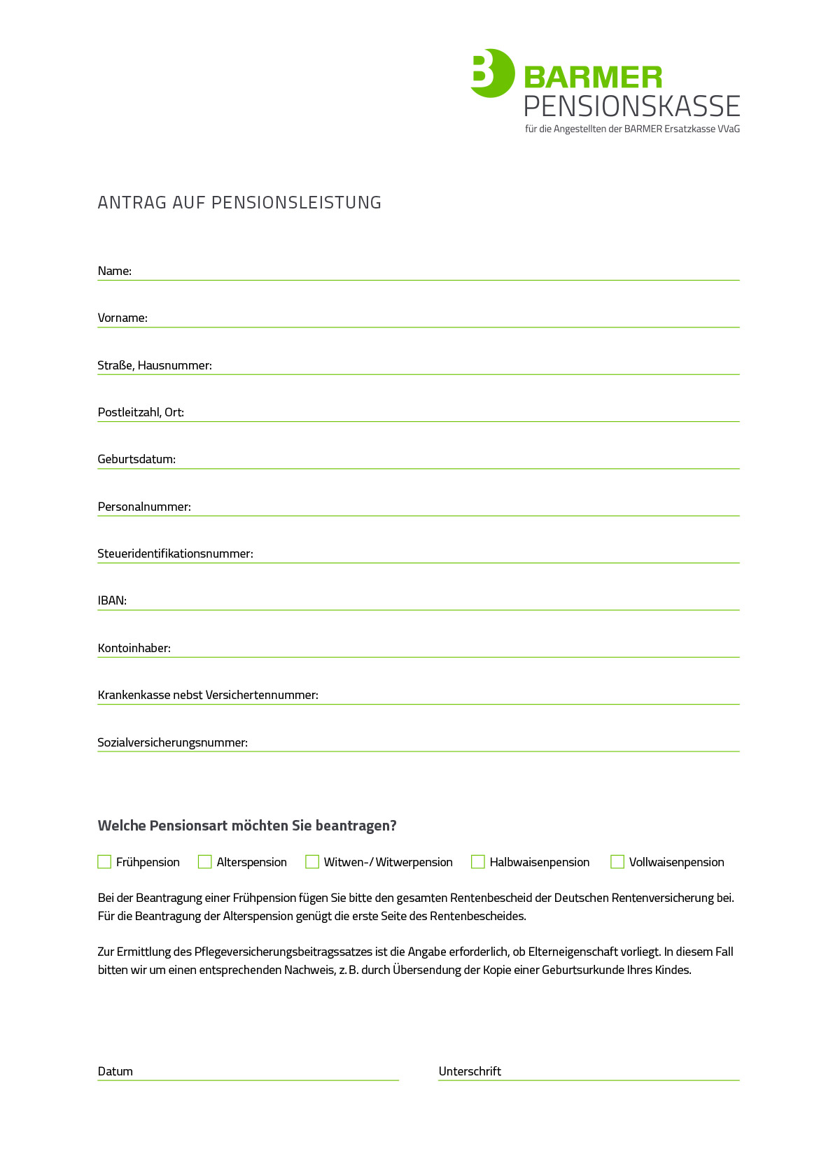Antrag Pensionsleistungen