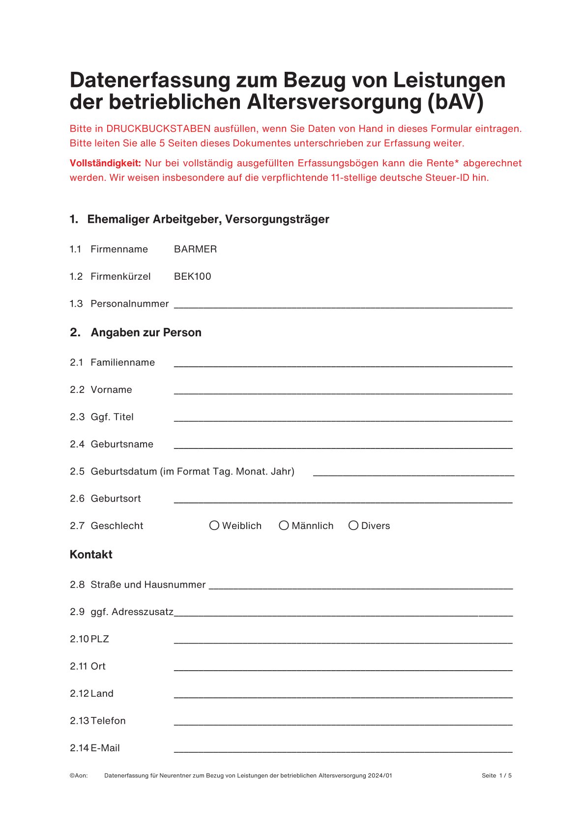 Datenerfassungsbogen für Leistungen der bAV